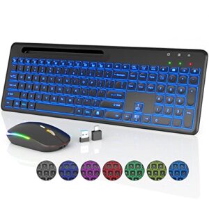 wireless keyboard and mouse, 7 backlit effects, quiet light up keys, sleep mode, phone holder - rechargeable cordless combo with type c adapter for mac, computer, laptop - by sablute, black