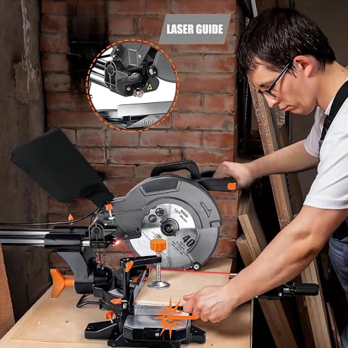 ENGiNDOT Sliding Miter Saw,10",4500&3200 RPM,3 Blades,Laser Guide, 15-Amp, Bevel Cut (0°- 45°) for Wood, PVC or Soft Metal Cutting Compound Miter Saw