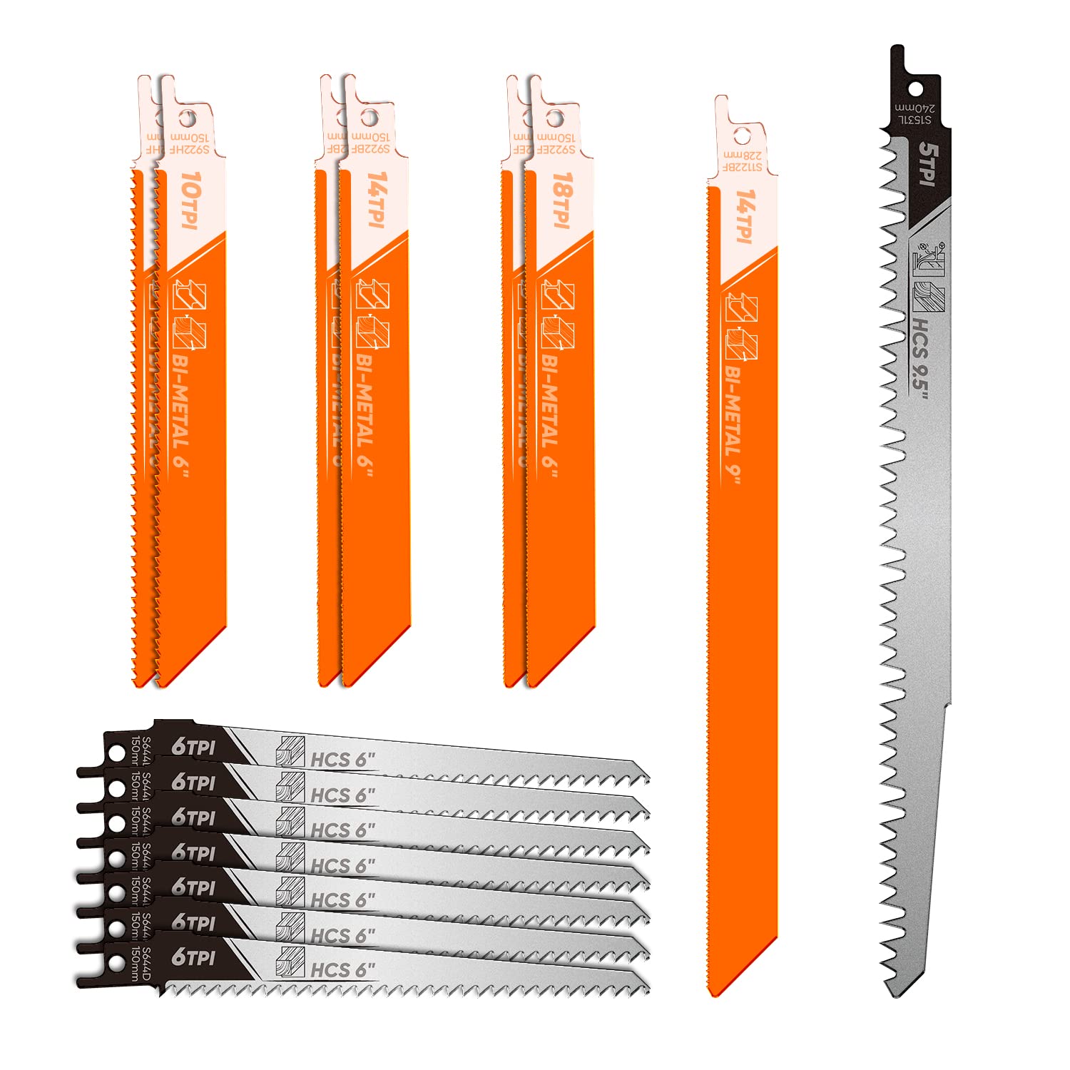 amoolo Reciprocating Saw Blades Set 15pcs, Sawzall Blades for Wood and Metal Cutting, Multi-Purpose Pruning Saw Blades Set