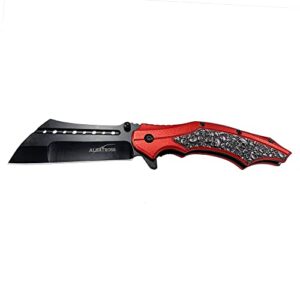 albatross folding pocket knife, 3" black blade, 4.75" aluminum handle with the skull pattern, liner lock (red)