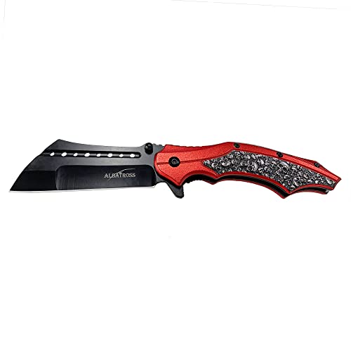 ALBATROSS Folding Pocket Knife, 3" Black Blade, 4.75" Aluminum Handle with the skull pattern, Liner Lock (Red)