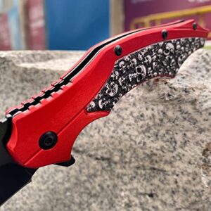 ALBATROSS Folding Pocket Knife, 3" Black Blade, 4.75" Aluminum Handle with the skull pattern, Liner Lock (Red)