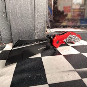 ALBATROSS Folding Pocket Knife, 3" Black Blade, 4.75" Aluminum Handle with the skull pattern, Liner Lock (Red)