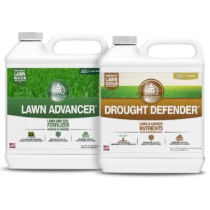 turf titan lawn advancer & drought defender bundle - made in the usa, early summer lawn fertilizer with norwegian kelp extract, nitrogen, soluble potash, boron, manganese, and zinc, non-gmo, 32 oz