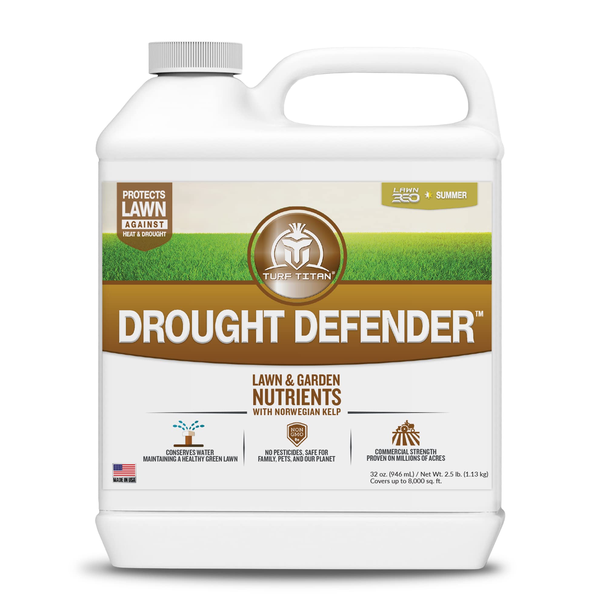 Turf Titan Lawn Advancer & Drought Defender Bundle - Made in The USA, Early Summer Lawn Fertilizer with Norwegian Kelp Extract, Nitrogen, Soluble Potash, Boron, Manganese, and Zinc, Non-GMO, 32 oz