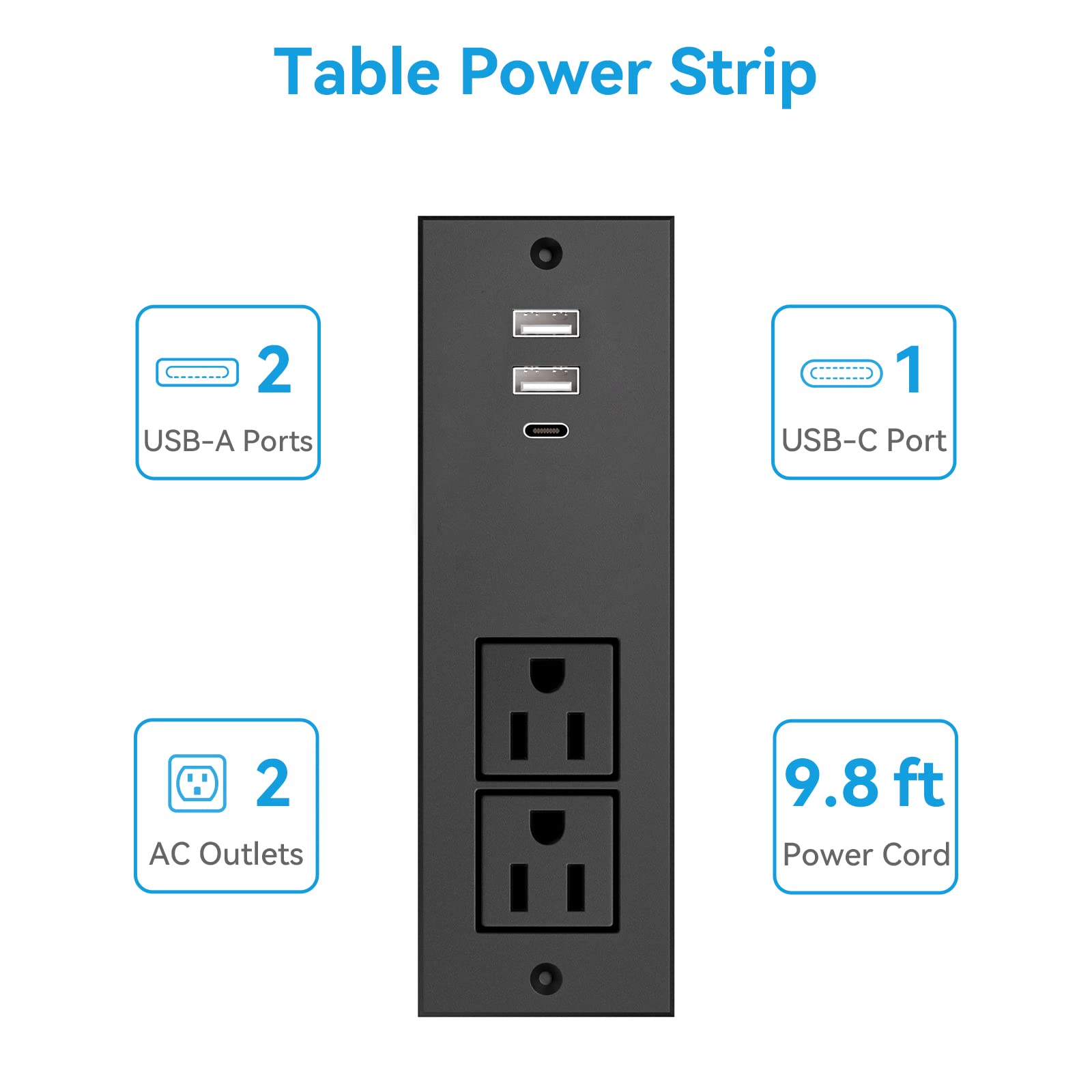 Eyuetech Conference Recessed Power Strip Socket 9.8Ft Cord, Desktop Power Grommet with 2-Outlet & 3 USB Ports (1 USB C), Wall Mount for Home, Office and More, ETL Listed