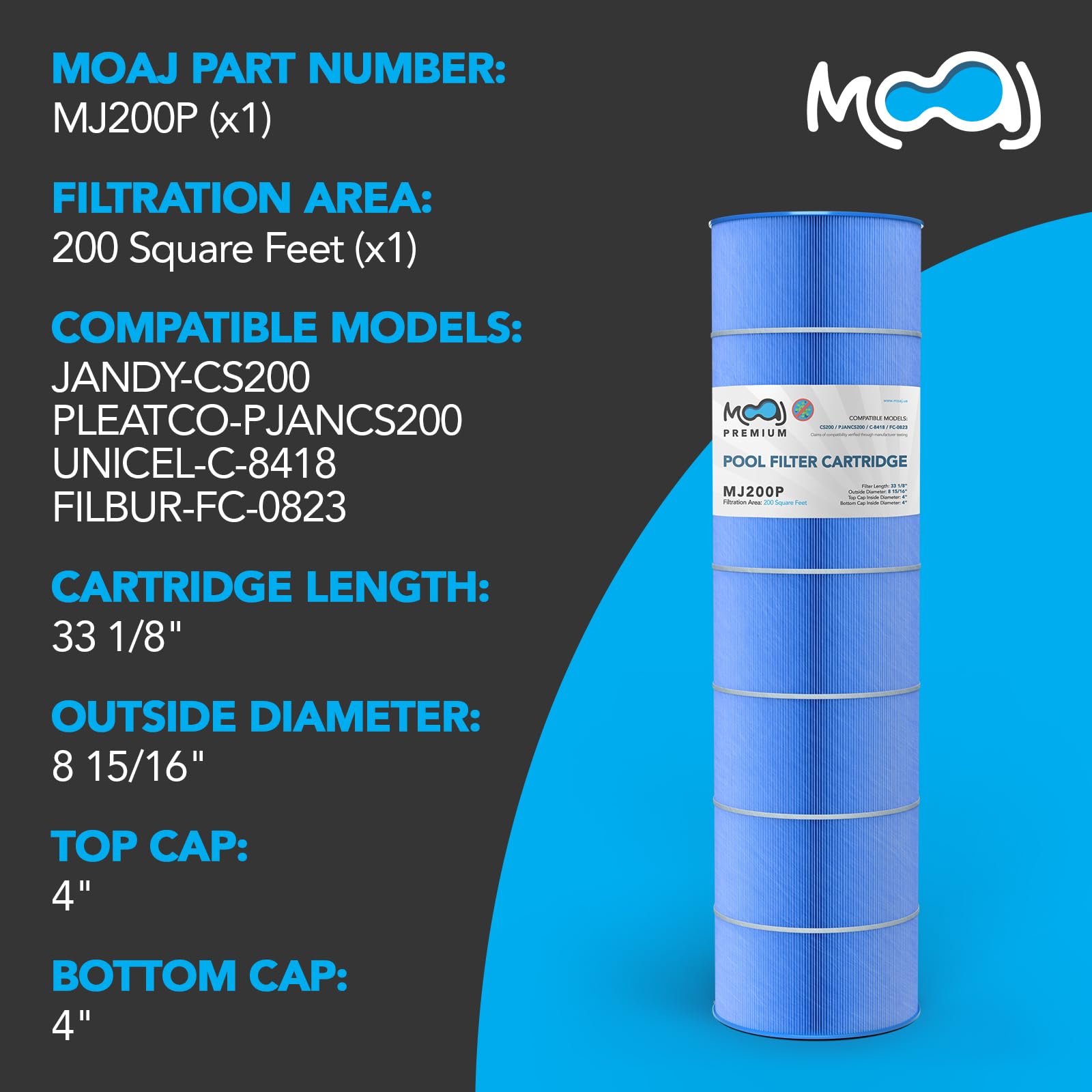 MOAJ Premium Pool Filter Replaces Jandy CS200, R0462400, PJANCS200, Filbur FC-0823, Unicel C8418, 17-175-3628, PLFPJANCS200, 833-205 | 33 1/8" x 8 15/16" | 200 Square Feet | Asepsis-Infused Filtration