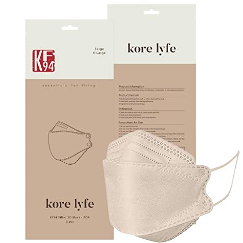 BEIGE X-LARGE [10 PCS] 25% LARGER KF94 Face Mask [Made in Korea] In 5 PCS Reclosable Package Breathable Premium Quality [Package in English]