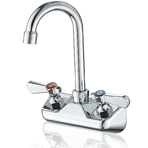 Bathfinesse Kitchen Sink Faucet Wall Mount 4" Center Commercial Kitchen Sink Faucet with 3-1/2" Gooseneck Spout Two Lever Handles Brass Constructed Mixer Tap Chrome Polished