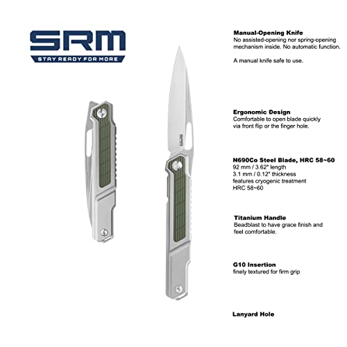 SRM Pocket Folding Knives, N690Co Blade, Titanium Handle, Rolling Ball Bearing, for Outdoor, EDC or Surviving Use, 1421-TP (Green)