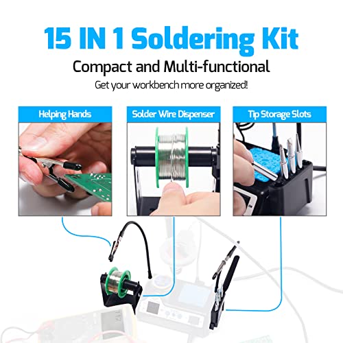 WEP 927-IV Soldering Station Kit High-Power 110W with 3 Preset Channels, Sleep Mode, LED Magnifier, 5 Extra Iron Tips, Tip Cleaner, 2 Helping Hands, Tip Storage Slots, Lead-free Solder Wire, Tweezers