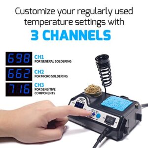 WEP 927-IV Soldering Station Kit High-Power 110W with 3 Preset Channels, Sleep Mode, LED Magnifier, 5 Extra Iron Tips, Tip Cleaner, 2 Helping Hands, Tip Storage Slots, Lead-free Solder Wire, Tweezers