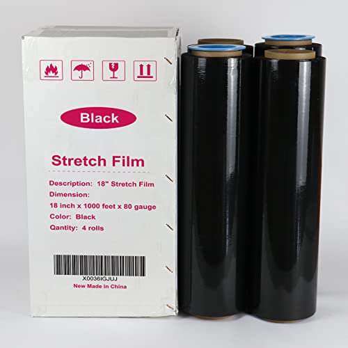 BOMEI PACK Black Stretch Wrap Industrial Strength with Plastic Handle 18" x 1000 Feet 80 Gauge 4 Pack, Black Shrink Wrap, Self-Adhering Black Plastic Wrap for Shipping, Moving