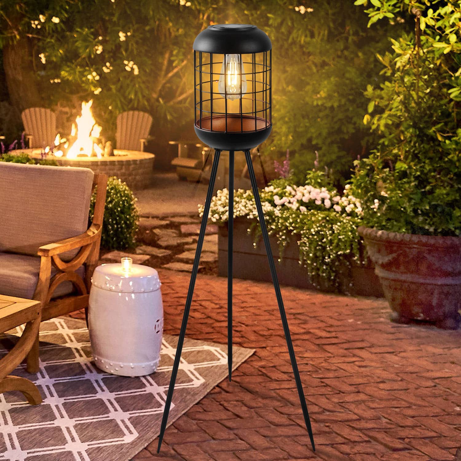 JJALIGHTS Solar Floor Lamp Outdoor Lights, Metal Solar Lamp Waterproof Large Lantern Outdoor Decoratiions for Patio Deck Lawn Yard Garden Pathway (Black)