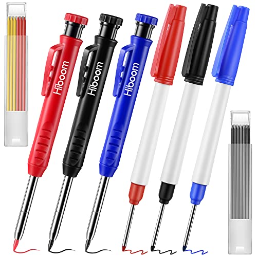 Mechanical Carpenter Pencil Set, 3 Pcs Woodworking Pencil with Built in Sharpener and 12 Pcs Refills, 3 Pcs Long Nose Deep Hole Marker Pen, Scriber Marking Tools for Architect (Red, Black, Blue)