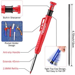 Mechanical Carpenter Pencil Set, 3 Pcs Woodworking Pencil with Built in Sharpener and 12 Pcs Refills, 3 Pcs Long Nose Deep Hole Marker Pen, Scriber Marking Tools for Architect (Red, Black, Blue)