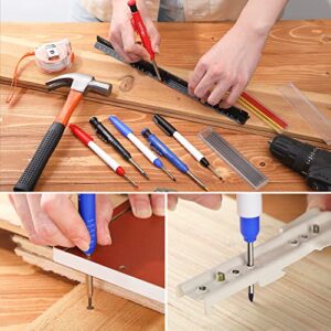 Mechanical Carpenter Pencil Set, 3 Pcs Woodworking Pencil with Built in Sharpener and 12 Pcs Refills, 3 Pcs Long Nose Deep Hole Marker Pen, Scriber Marking Tools for Architect (Red, Black, Blue)