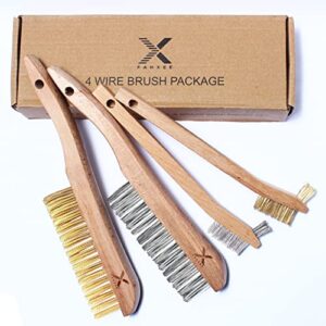 fahxee wire brush, pack of 4 - 9.5 in. stainless steel & 8 in. brass beachwood handle - multipurpose wire brushes for cleaning rust, dirt & paint scrubbing