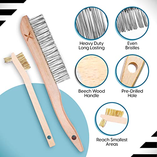 FAHXEE Wire Brush, Pack of 4 - 9.5 in. Stainless Steel & 8 in. Brass Beachwood Handle - Multipurpose Wire Brushes for Cleaning Rust, Dirt & Paint Scrubbing