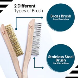 FAHXEE Wire Brush, Pack of 4 - 9.5 in. Stainless Steel & 8 in. Brass Beachwood Handle - Multipurpose Wire Brushes for Cleaning Rust, Dirt & Paint Scrubbing