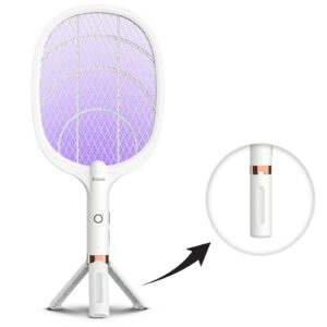 yschois electric fly swatter racket, rechargeable fly zapper - 4000 volt, exclusive 2-in-1 bug zapper racket - usb charging, 1800mah li-battery, indoor & outdoor use, white