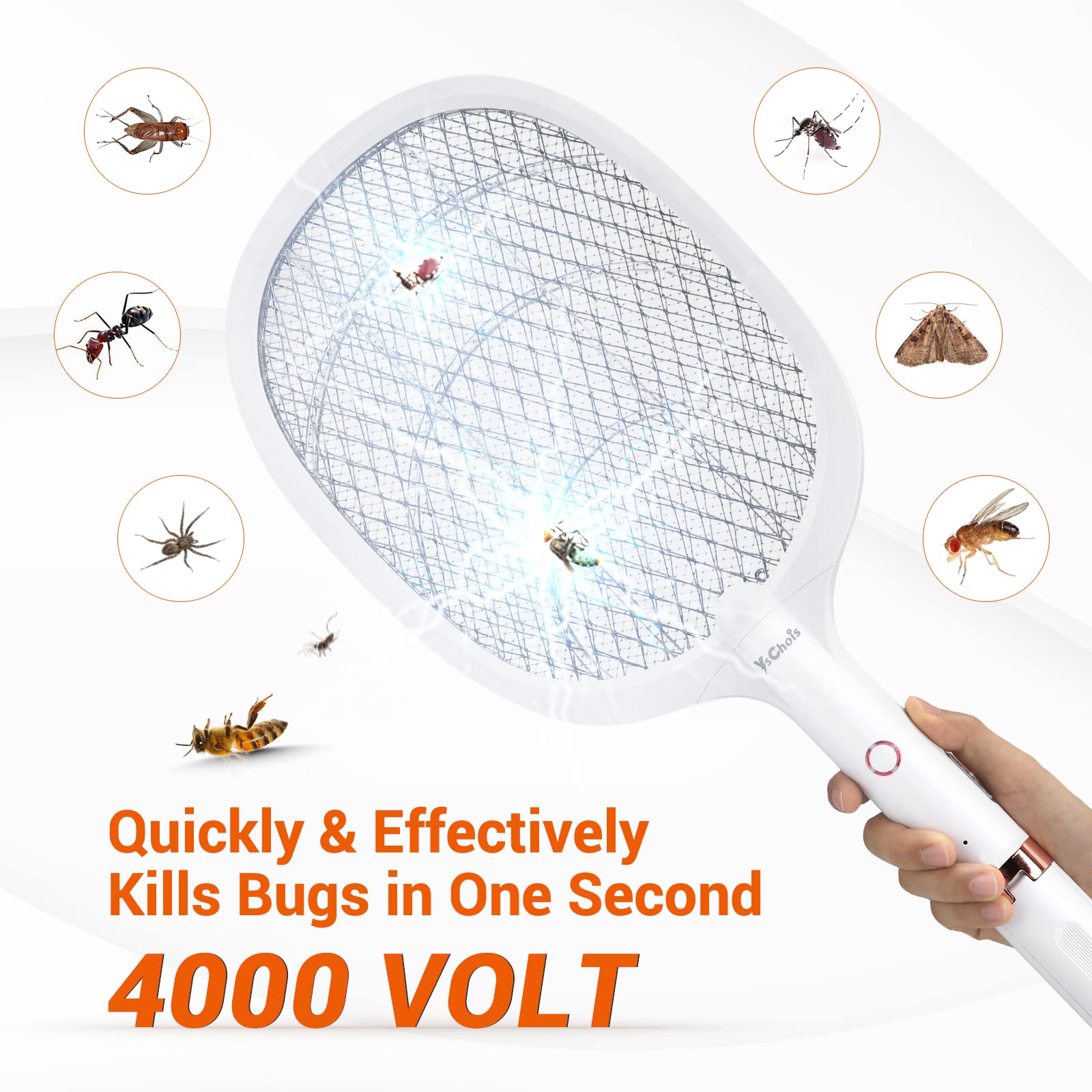 YsChois Electric Fly Swatter Racket, Rechargeable Fly Zapper - 4000 Volt, Exclusive 2-in-1 Bug Zapper Racket - USB Charging, 1800mAh Li-Battery, Indoor & Outdoor Use, White