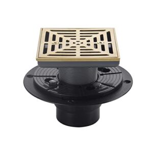 deokxz 4-1/4 inch brushed gold shower drain square, base with adjustable drain flange kit pvc, removable grille strainer drain cover with screws, sus304 stainless steel brass face