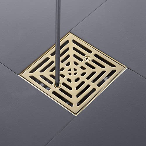 DEOKXZ 4-1/4 Inch Brushed Gold Shower Drain Square, Base with Adjustable Drain Flange Kit PVC, Removable Grille Strainer Drain Cover with Screws, SUS304 Stainless Steel Brass Face