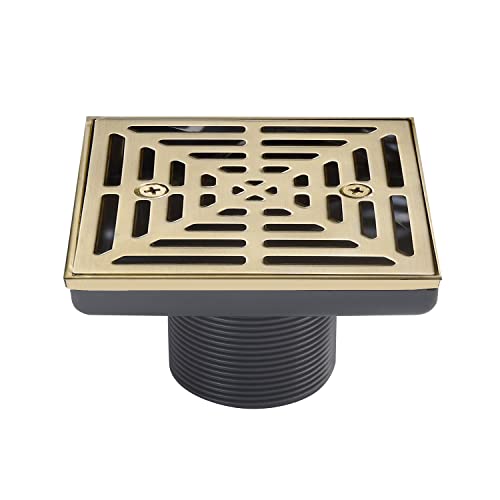 DEOKXZ 4-1/4 Inch Brushed Gold Shower Drain Square, Base with Adjustable Drain Flange Kit PVC, Removable Grille Strainer Drain Cover with Screws, SUS304 Stainless Steel Brass Face