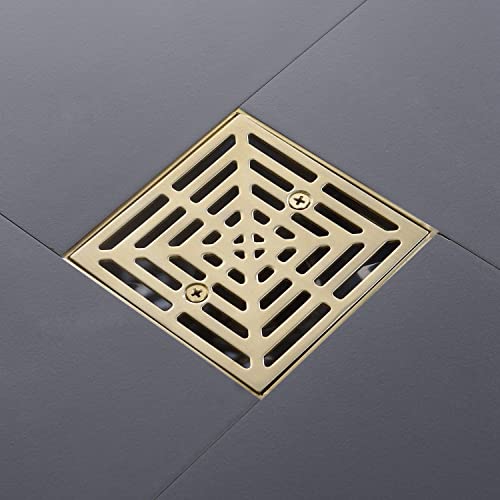 DEOKXZ 4-1/4 Inch Brushed Gold Shower Drain Square, Base with Adjustable Drain Flange Kit PVC, Removable Grille Strainer Drain Cover with Screws, SUS304 Stainless Steel Brass Face