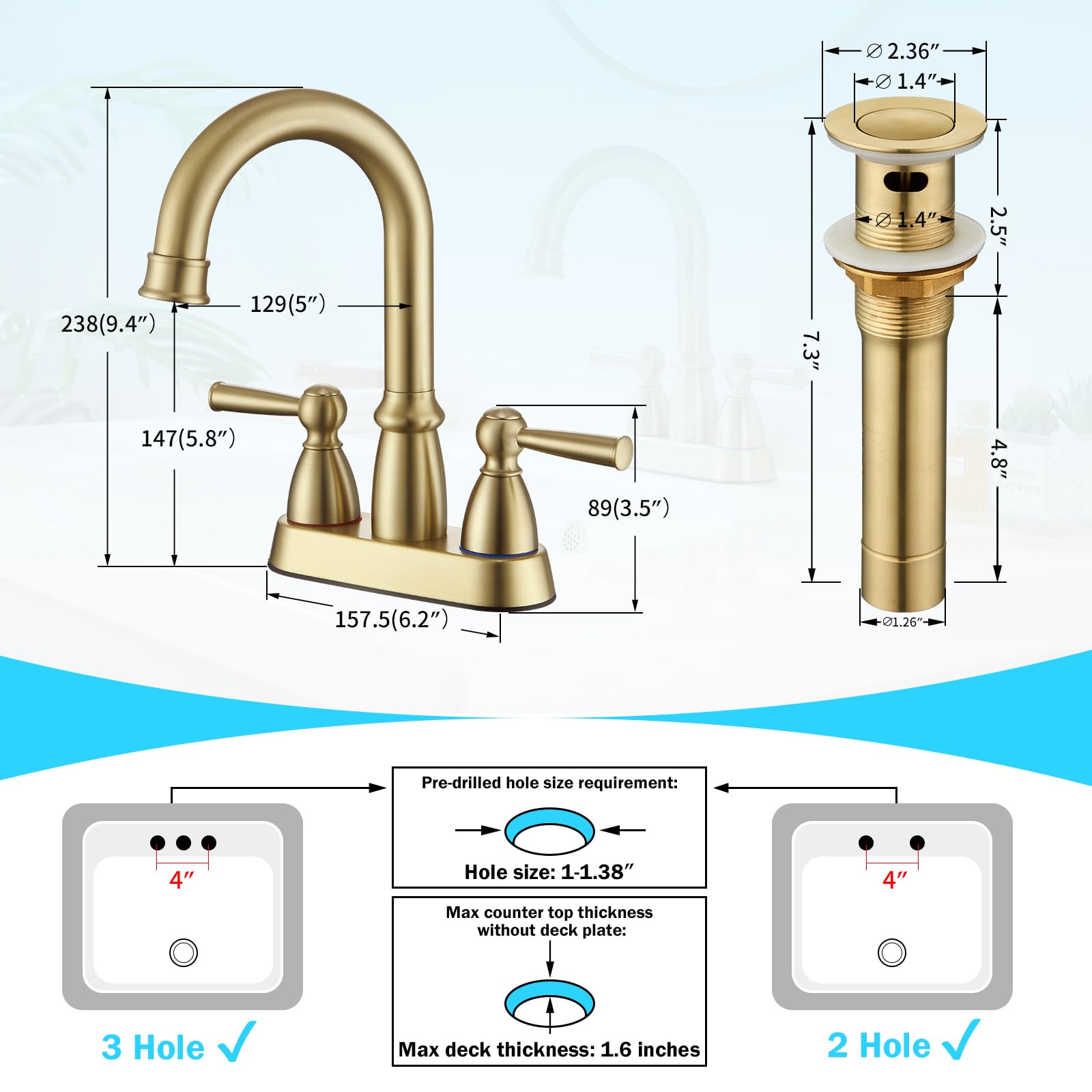 CREA Bathroom Faucet 4 inch Gold 2 Handle Sink Faucets with Pop Up Drain 2 Hole Faucet for Vanity Lavatory Basin Restroom