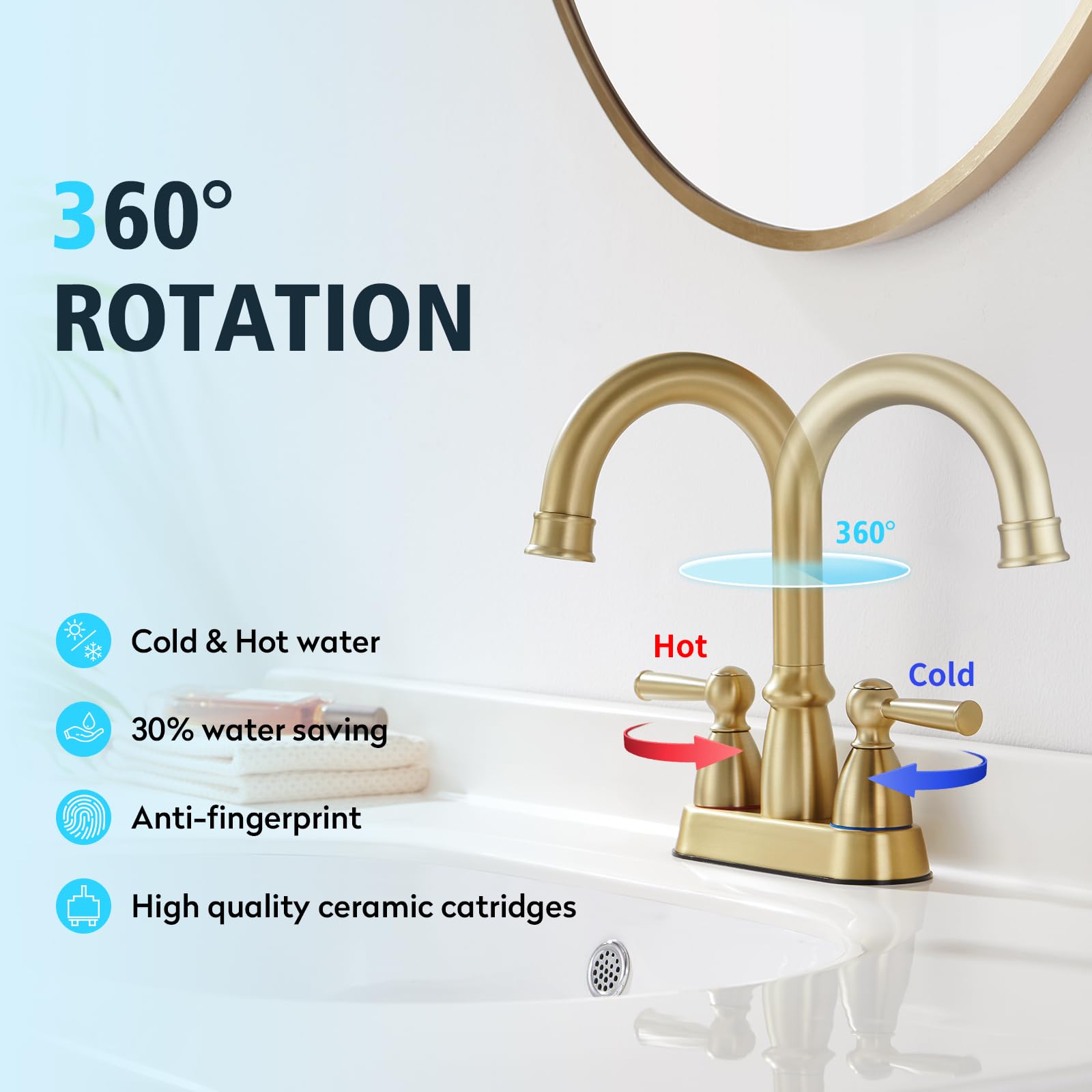 CREA Bathroom Faucet 4 inch Gold 2 Handle Sink Faucets with Pop Up Drain 2 Hole Faucet for Vanity Lavatory Basin Restroom