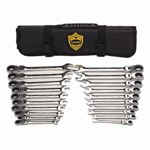 flzosper 20pc. flex-head ratcheting wrench set，metric & sae chrome vanadium steel combination wrench spanner with portable carrying bag