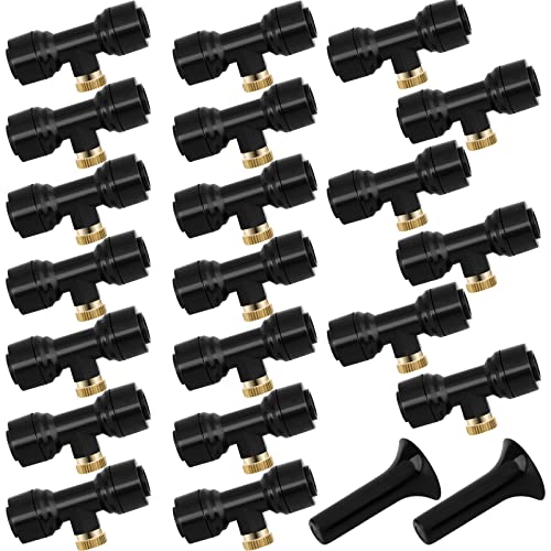 20 Pack Misting Nozzles Kit Include 20 Brass Misting Nozzles 20 Water Misting Nozzle Tees Thread 1/4 Inch and 2 Black Plug for Patio Misting System Outdoor Cooling System Garden Water Mister