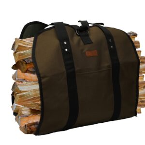 kim yuan free standing firewood log carrier tote outdoor bag with double straps for camping, bbq barbecue or fireplace(gloves included)