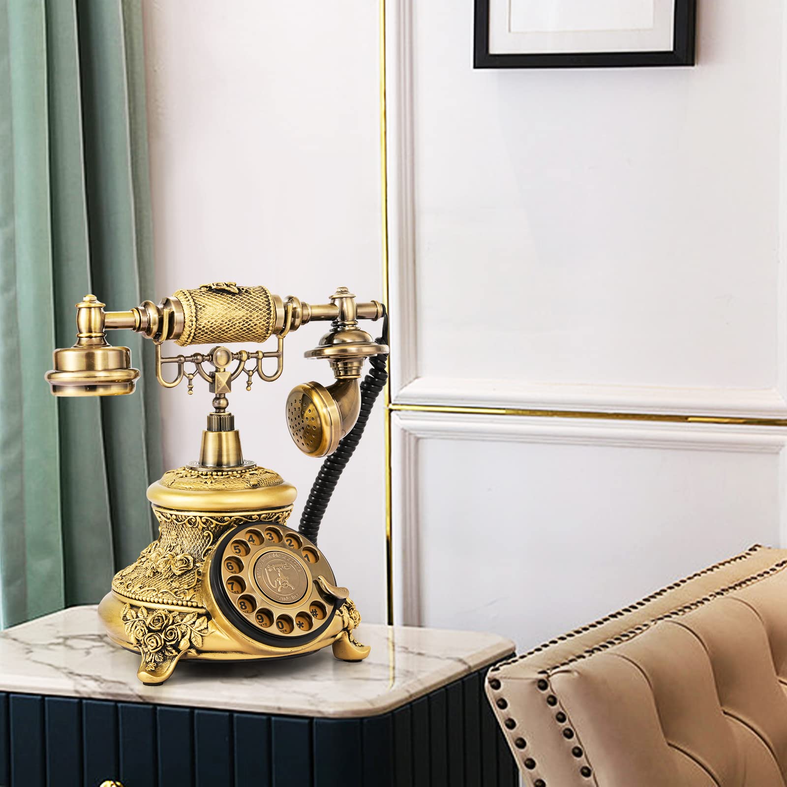 WICHEMI Vintage Phone Retro Rotary Dial Phone Landline Telephone Old Fashion Antique Phone Old School Telephones for Home Office Cafe Bar Star Hotel Decor (Golden)