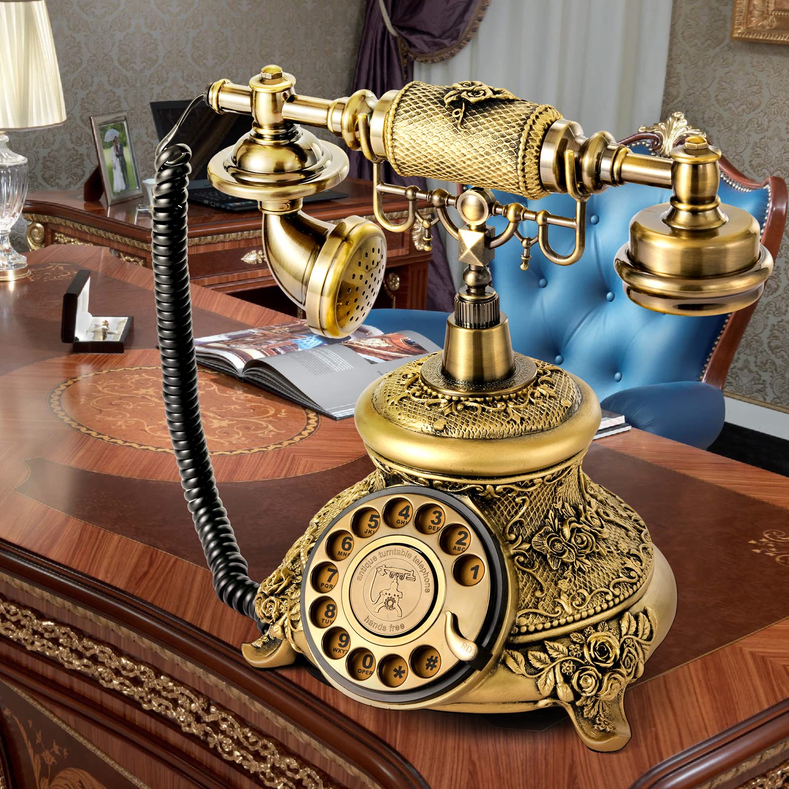 WICHEMI Vintage Phone Retro Rotary Dial Phone Landline Telephone Old Fashion Antique Phone Old School Telephones for Home Office Cafe Bar Star Hotel Decor (Golden)