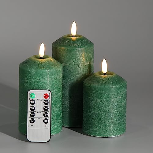 Girimax Green Textured Flameless LED Pillar Candles with Remote, Flickering Real Wax Battery Candles Set Φ 3" H 4" 5" 6"
