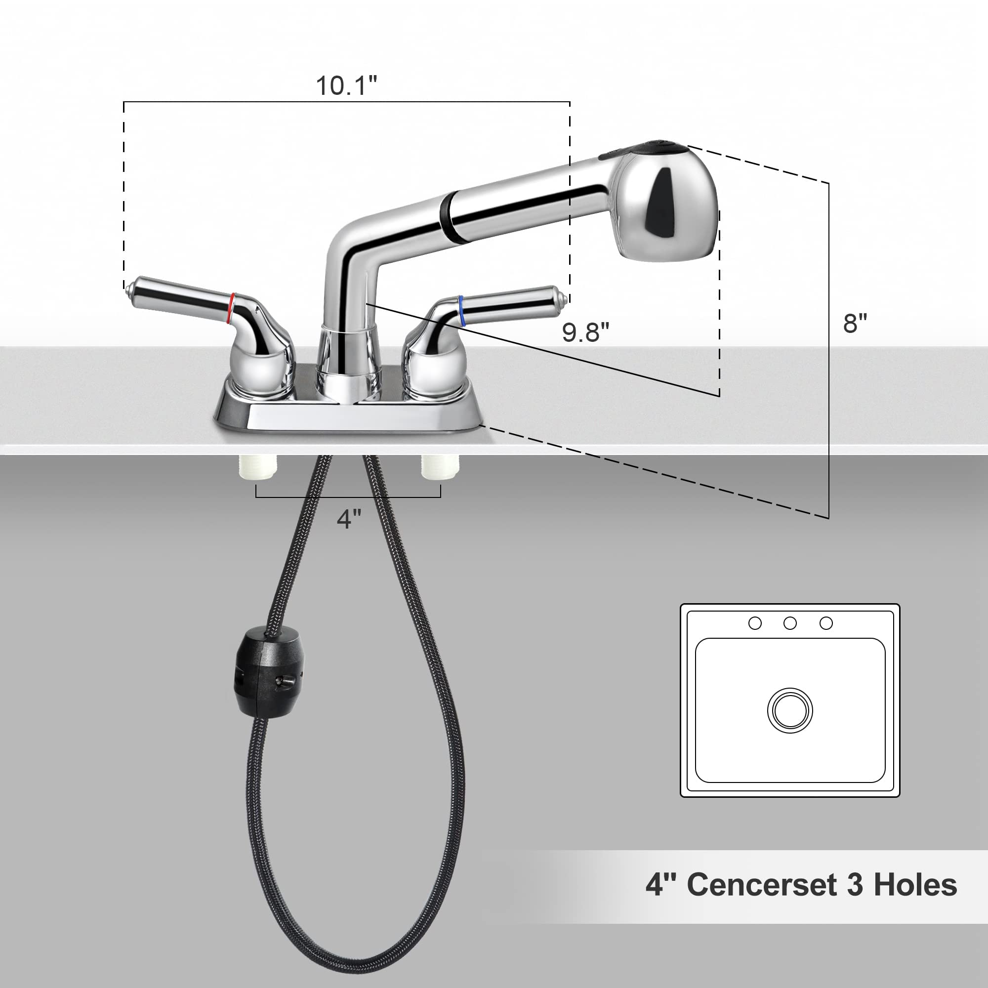 Utility Sink Faucet with Sprayer, Laundry Room Faucet with Pull Out Sprayer for Laundry Tub, 4 inch Centerset 3 Holes Installation Non-Metallic, Chrome Finish