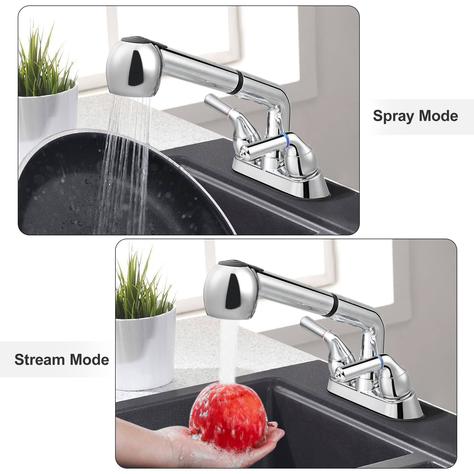 Utility Sink Faucet with Sprayer, Laundry Room Faucet with Pull Out Sprayer for Laundry Tub, 4 inch Centerset 3 Holes Installation Non-Metallic, Chrome Finish