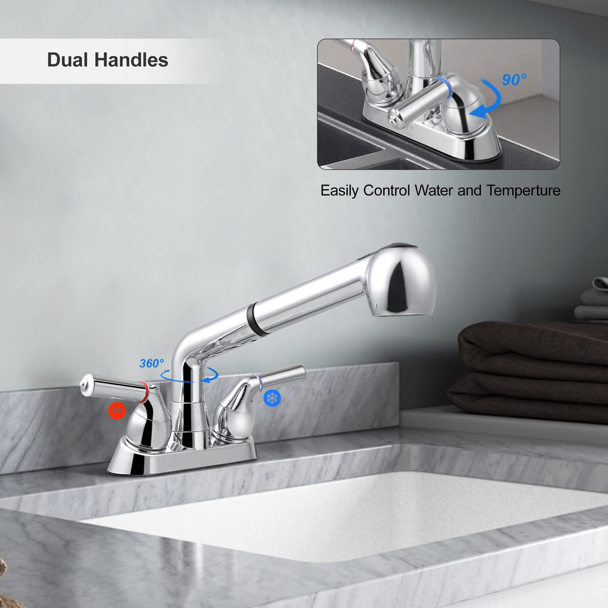 Utility Sink Faucet with Sprayer, Laundry Room Faucet with Pull Out Sprayer for Laundry Tub, 4 inch Centerset 3 Holes Installation Non-Metallic, Chrome Finish