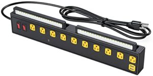 15a power strip with led work lights, surge protector 10-outlet workbench power outlets 2 usb, etl listed bench cabinet power strip, 6.56ft cord