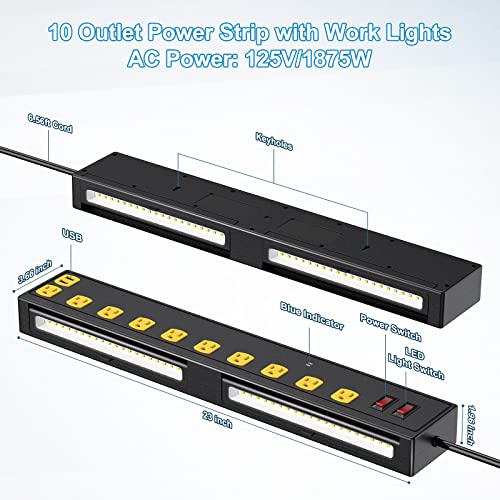 15A Power Strip with LED Work Lights, Surge Protector 10-Outlet Workbench Power Outlets 2 USB, ETL Listed Bench Cabinet Power Strip, 6.56ft Cord