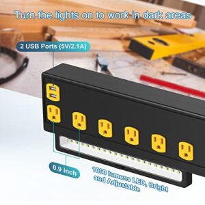 15A Power Strip with LED Work Lights, Surge Protector 10-Outlet Workbench Power Outlets 2 USB, ETL Listed Bench Cabinet Power Strip, 6.56ft Cord