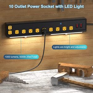 15A Power Strip with LED Work Lights, Surge Protector 10-Outlet Workbench Power Outlets 2 USB, ETL Listed Bench Cabinet Power Strip, 6.56ft Cord