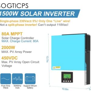 SOGTICPS 1500W Solar Hybrid Inverter 12V AC230V Off-Grid Pure Sine Wave Inversor 80A MPPT Solar Charger,PV 130-430V in Support WiFi