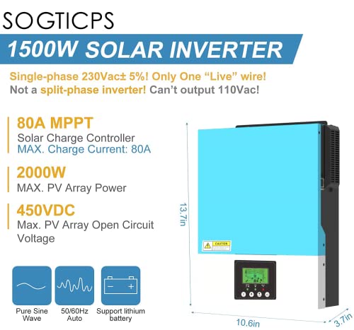 SOGTICPS 1500W Solar Hybrid Inverter 12V AC230V Off-Grid Pure Sine Wave Inversor 80A MPPT Solar Charger,PV 130-430V in Support WiFi