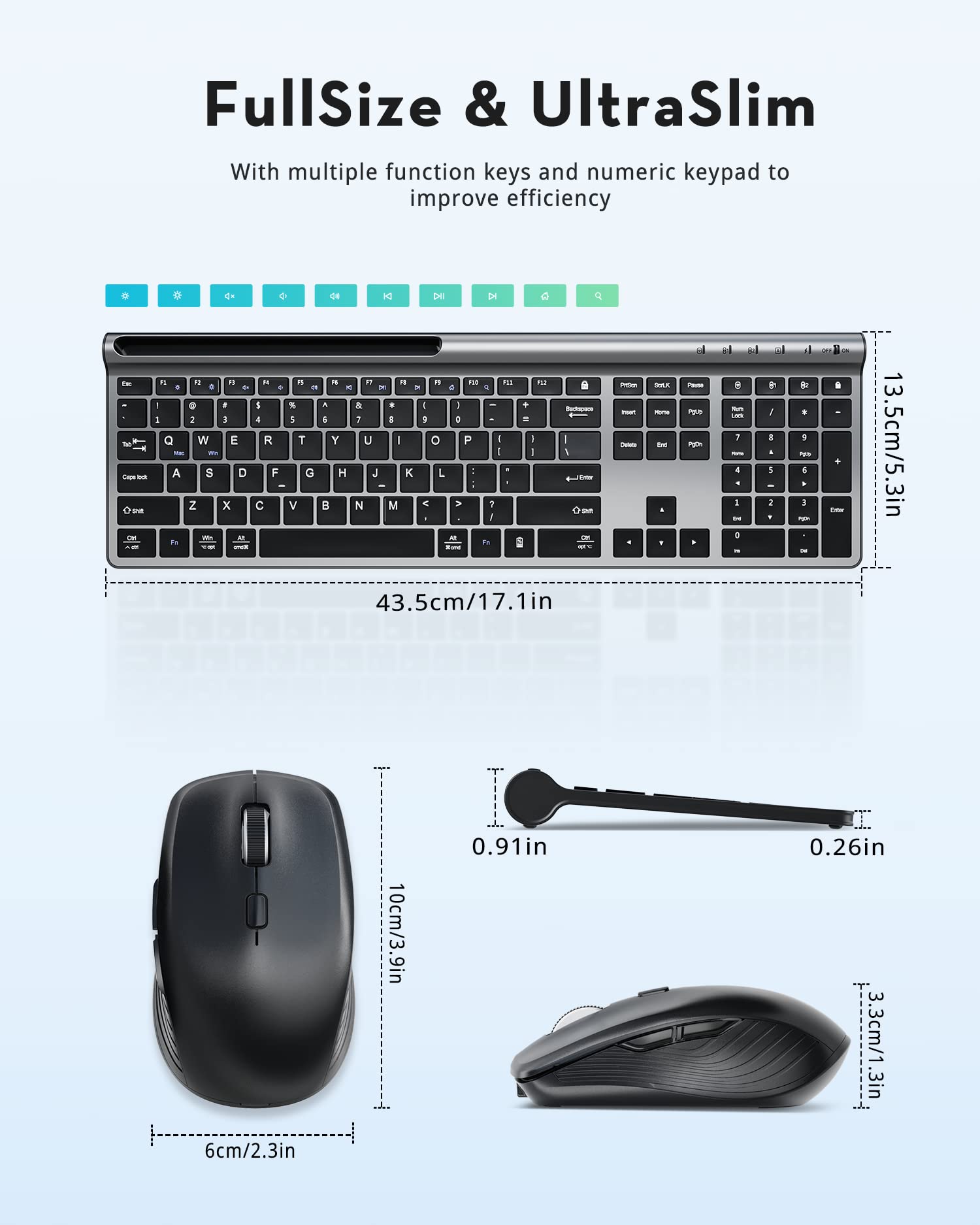 Wireless Keyboard and Mouse Combo, Samsers Ultra Slim Rechargeable Dual-Mode (Bluetooth 5.0x2 +2.4G) Silent Keyboard and Mouse Set, Multi-Device Full-Size Compact Design for MacOS/iOS/Android/Windows