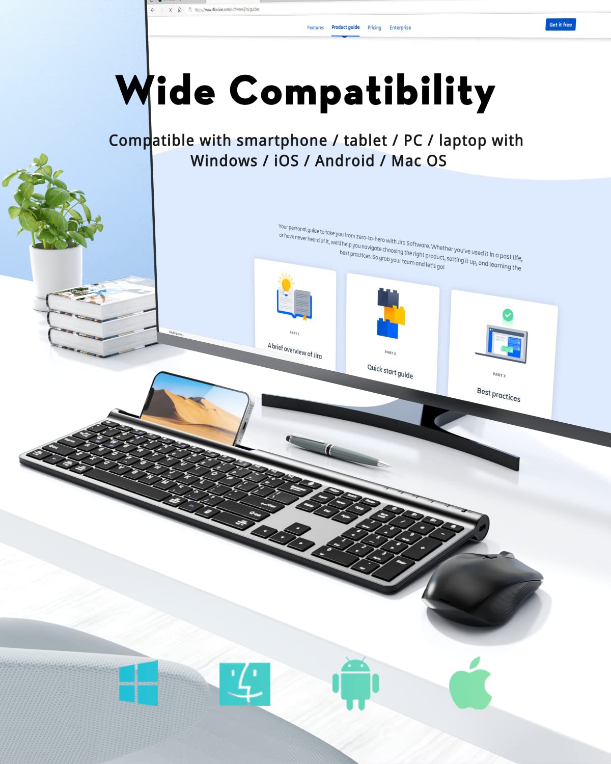 Wireless Keyboard and Mouse Combo, Samsers Ultra Slim Rechargeable Dual-Mode (Bluetooth 5.0x2 +2.4G) Silent Keyboard and Mouse Set, Multi-Device Full-Size Compact Design for MacOS/iOS/Android/Windows