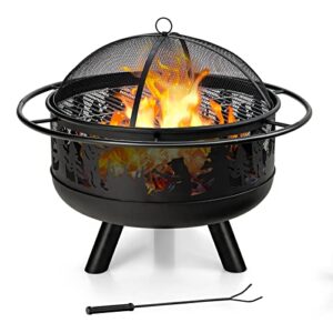 tangkula outdoor wood burning fire pit, 30 inch round fire pit bowl w/fire poker, grill & spark screen, 2-in-1 powder-coated steel firepit for patio, backyard, barbecue, bonfire (black)